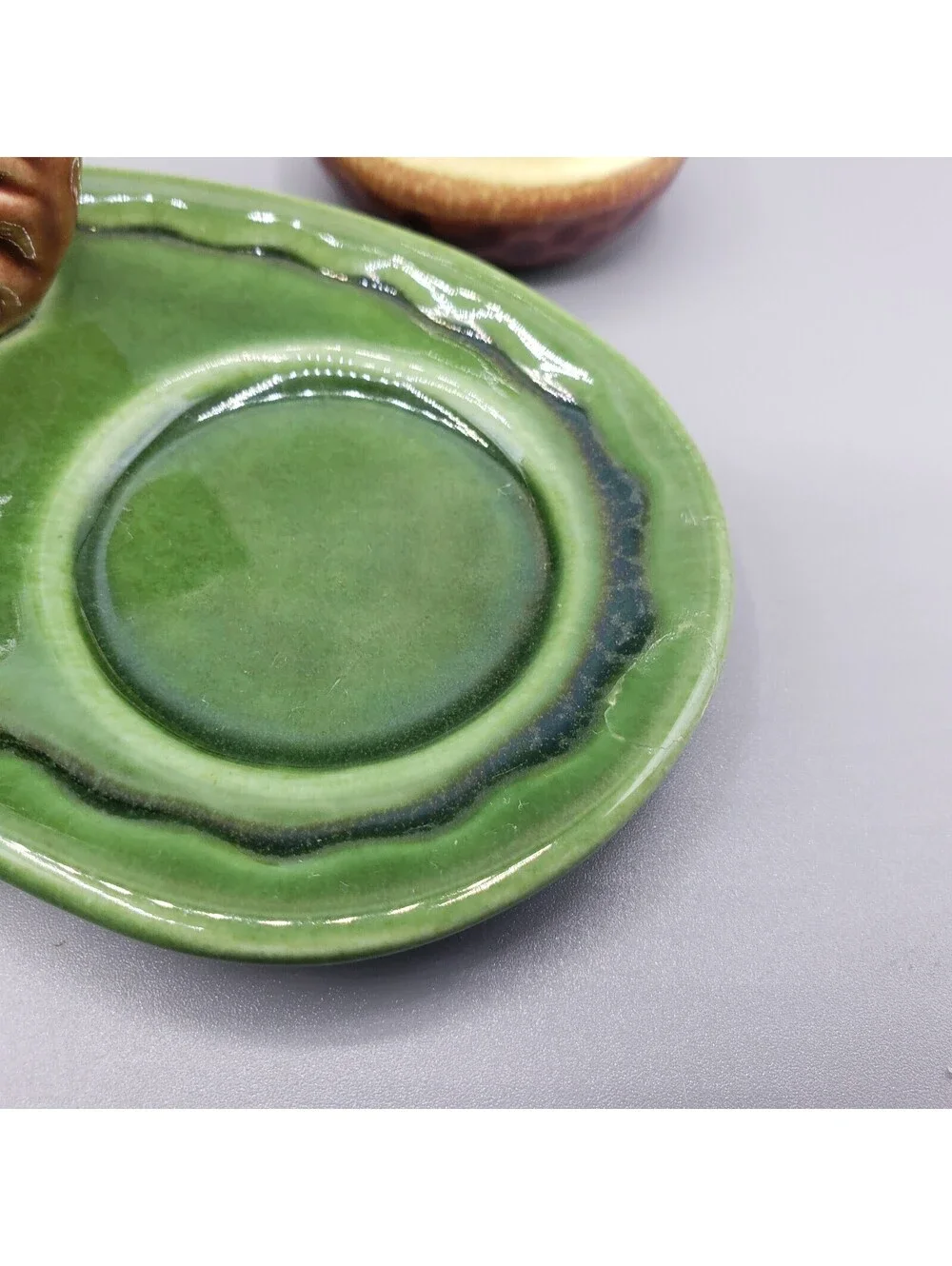 Vintage Squirrel Acorn Salt & Pepper Shakers Tray Green Arcadia Ceramics Calif